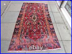 Shabby Chic Worn Vintage Hand Made Traditional Red Blue Wool Large Rug 216x117cm
