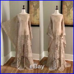 Sheer Beige Taupe Lace Large XL BoHo Hippie Bell Sleeve Wedding Maxi DRESS