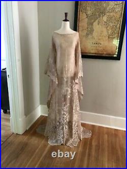 Sheer Beige Taupe Lace Large XL BoHo Hippie Bell Sleeve Wedding Maxi DRESS