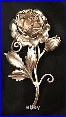 Sterling Silver Rose Brooch Large Antique Handmade Brooch Pin Art Nouveau Vtg 3