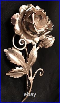 Sterling Silver Rose Brooch Large Antique Handmade Brooch Pin Art Nouveau Vtg 3