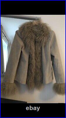 Stunning Vintage Real Suede Mongolian Fur Boho Afghan Coat Jacket Large Simone