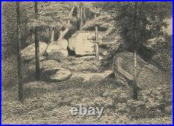 Theophile CHAUVEL Large Rocks In Forest Antique ETCHING 1900 GRV439