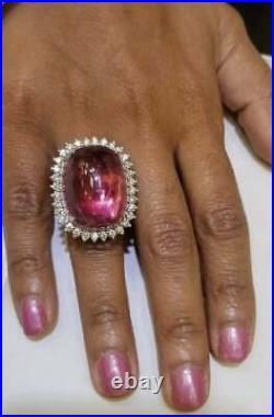 Unique Vintage Style Large 45.86CT Cabochone Pink Tourmaline With Shiny CZ Ring