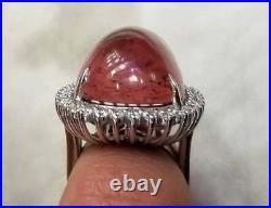 Unique Vintage Style Large 45.86CT Cabochone Pink Tourmaline With Shiny CZ Ring