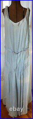 VINTAGE 1930's PALE SKY BLUE SILK CHIFFON CREPE BIAS CUT GOWN DRESS With RHINESTON