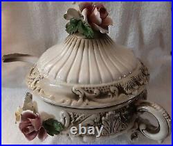 VINTAGE LARGE ANTIQUE CAPODIMONTE PORCELAIN TUREEN withladle and lid flowers nice