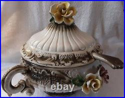 VINTAGE LARGE ANTIQUE CAPODIMONTE PORCELAIN TUREEN withladle and lid flowers nice