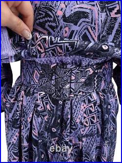 VTG 80s Diane Freis Purple Pink Black Geometric Jacquard Georgette Belted Dress