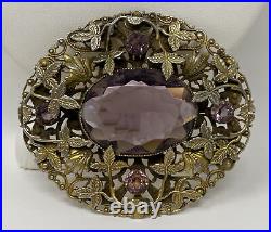 VTG Antique Art Nouveau Czech Amethyst Crystal Open Back Large Ornate Brooch