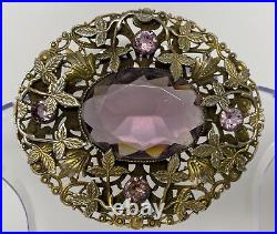 VTG Antique Art Nouveau Czech Amethyst Crystal Open Back Large Ornate Brooch