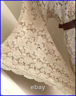 VTG BoHo Beige Cream Crochet Lace Dress Bell Sleeve 70s Hippy MiNi Wedding Dress