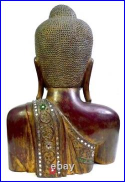 VTG Large Antique Lacquered Gilded Carved Solid Wood Wooden Burmese Buddha Bust