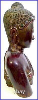 VTG Large Antique Lacquered Gilded Carved Solid Wood Wooden Burmese Buddha Bust
