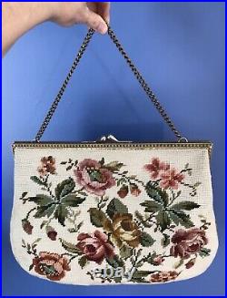 VTG Large Needlepoint Bag Purse Ivory Floral Gold Tone Chain Satin Lined Tote