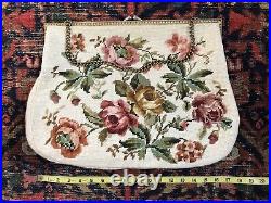 VTG Large Needlepoint Bag Purse Ivory Floral Gold Tone Chain Satin Lined Tote