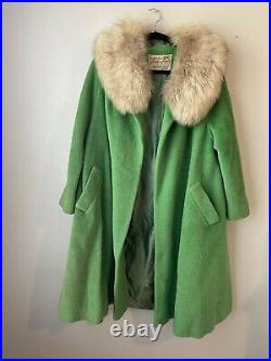 VTG Lilli Ann Paris Chartreuse Green Mohair Swing Coat Fur Collar Sz L