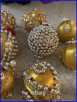 VTG Push Pin Beaded Gold Pearl Sequins Christmas Ornament withGold Set Of 14