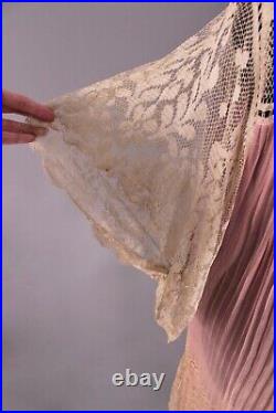 VTG Women's 20s Sheer Pink Chiffon Drop Waist Dress W Lace Sz L 1920s