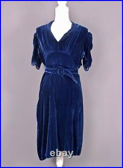 VTG Women's 30s 40s Dark Blue Velvet Dress Sz L 1930s 1940s