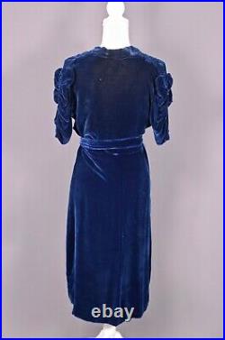 VTG Women's 30s 40s Dark Blue Velvet Dress Sz L 1930s 1940s