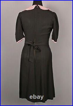 VTG Women's 40s Black Rayon Dress W Red Gingham Collar Sz L 1940s