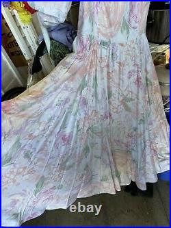 Victor Costa Dress VTG 80s Pink Floral Gown Oversized Puffy Sleeves Size Large