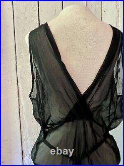 Vintage 1930s Sheer Black Silk Crepe Backless Bias Cut Dress Evening Gown L/XL