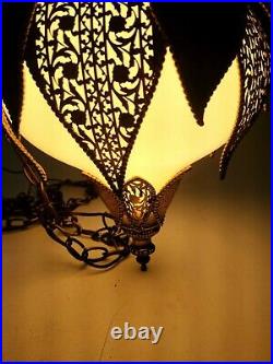 Vintage 1930s White & Gold Brass MCM Hollywood Regency Hanging Swag Light Ornate