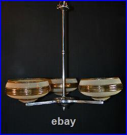 Vintage 1940s French Art deco 3 arm chandelier chrome plate, handmade Gilt glass