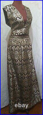 Vintage 1960s-70s Brown & Gold Metallic Brocade Vest and Skirt/Hostess Set L