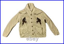 Vintage 1970s MILLER OUTERWEAR Horse Cowichan Cardigan-Rodeo Sweater Size Large