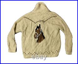 Vintage 1970s MILLER OUTERWEAR Horse Cowichan Cardigan-Rodeo Sweater Size Large