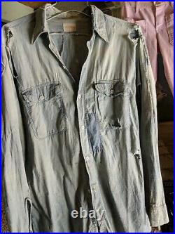 Vintage 30s 40s Calf Skin Denim Chambray Distressed Work Chore Shirt repairs