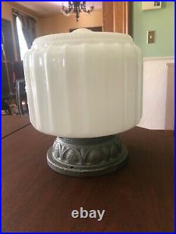 Vintage 40s art deco Glass Ceiling Light Lamp Fixture Cast Iron Base antique