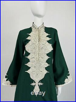 Vintage 70s Kaftan BOHO MAXI DRESS Bell Sleeves EMBROIDERED Hunter Green L Y241
