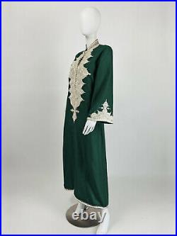 Vintage 70s Kaftan BOHO MAXI DRESS Bell Sleeves EMBROIDERED Hunter Green L Y241
