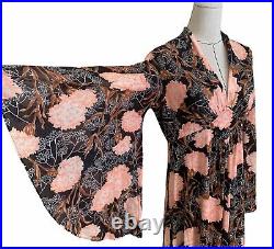 Vintage 70s Retro Floral Print Maxi Dress Gown Caftan Boho Hippie Bell Sleeves L