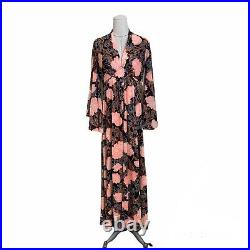 Vintage 70s Retro Floral Print Maxi Dress Gown Caftan Boho Hippie Bell Sleeves L