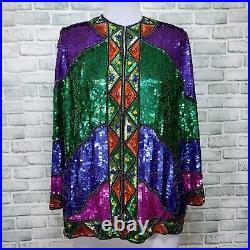 Vintage 80s Anjumun L Bright Colorful Art Deco Sequined Cardigan Drag Stage