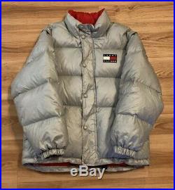 Vintage 90s Tommy Hilfiger Silver Puffer Jacket M/L 3M Big Flag Spell Out Vest