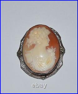 Vintage Antique Sterling Silver And Carved Shell Cameo Large Pin Brooch