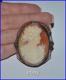 Vintage Antique Sterling Silver And Carved Shell Cameo Large Pin Brooch