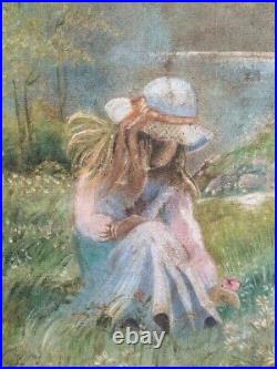 Vintage Beautiful Two Girls In A Flower Field Acrylic Painting On Large Canvas