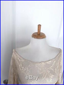 Vintage BoHo Beige Sheer CUT OUT 70s LACE Hippie Wedding Maxi DRESS with Fringe