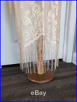 Vintage BoHo Beige Sheer CUT OUT 70s LACE Hippie Wedding Maxi DRESS with Fringe