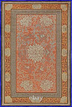 Vintage Chinese Orange, Cream and Gray Hand Knotted Silk Rug BB5626