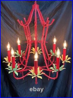 Vintage Chinoiserie Tole Chandelier Faux Bamboo Oriental Hollywood Regency Red