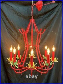 Vintage Chinoiserie Tole Chandelier Faux Bamboo Oriental Hollywood Regency Red