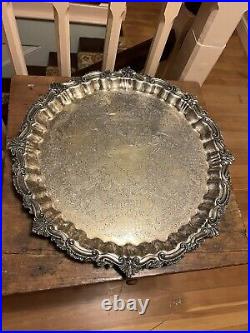 Vintage Hallmarked Large Round 21 Silver Plate With Floral & Leaf Decor